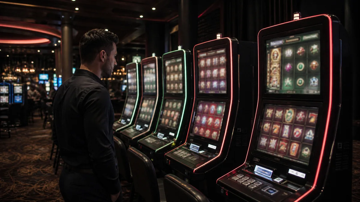 Jucător adult alegând un slot într-o sală modernă de cazinou