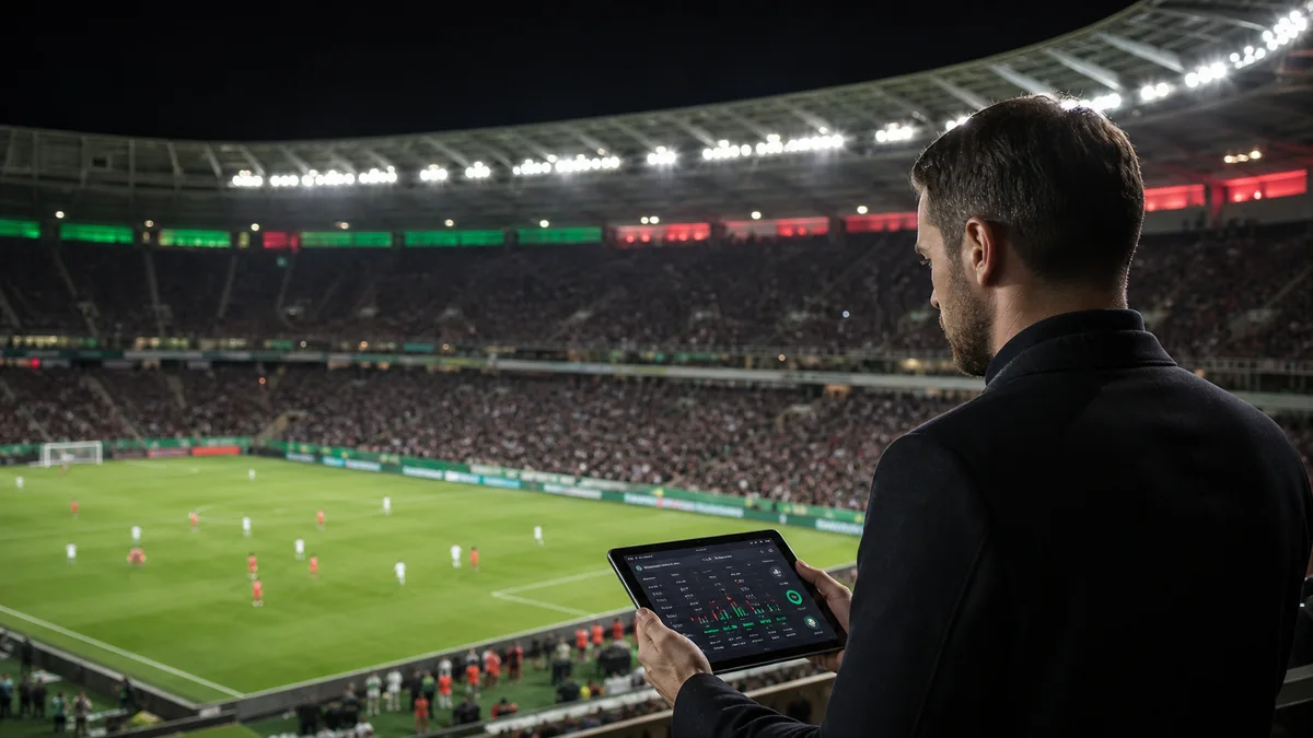 Analist urmărind statistici în timpul unui meci de fotbal
